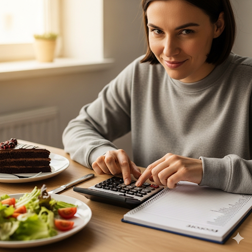 Person using a calculator with a happy face